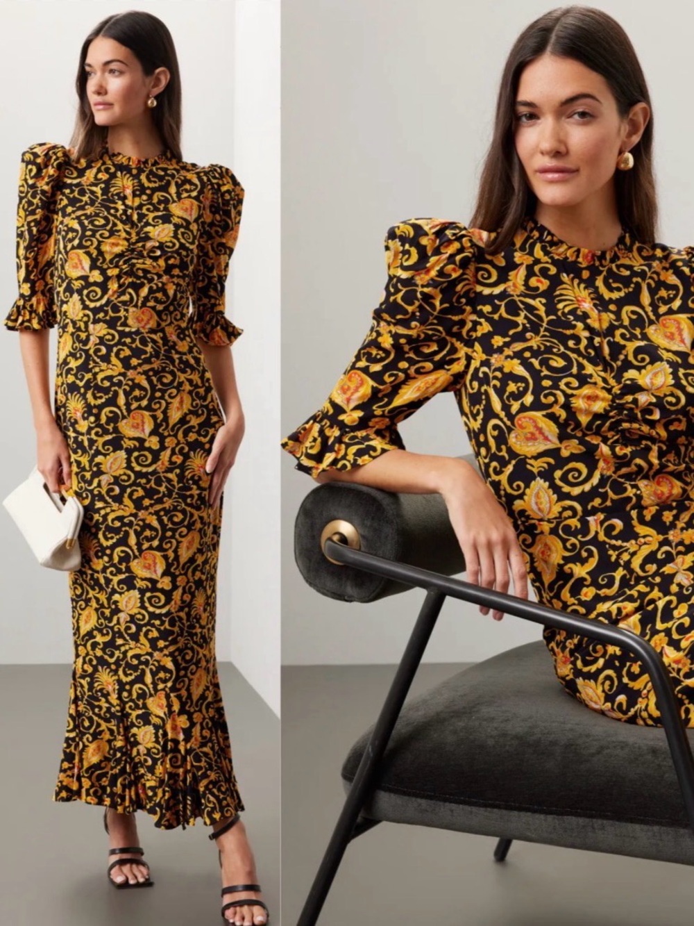 RHODE Felix Dress Black & Gold Floral Midi Dress with Ruffle Hem Sz 10 - Picture 1 of 17